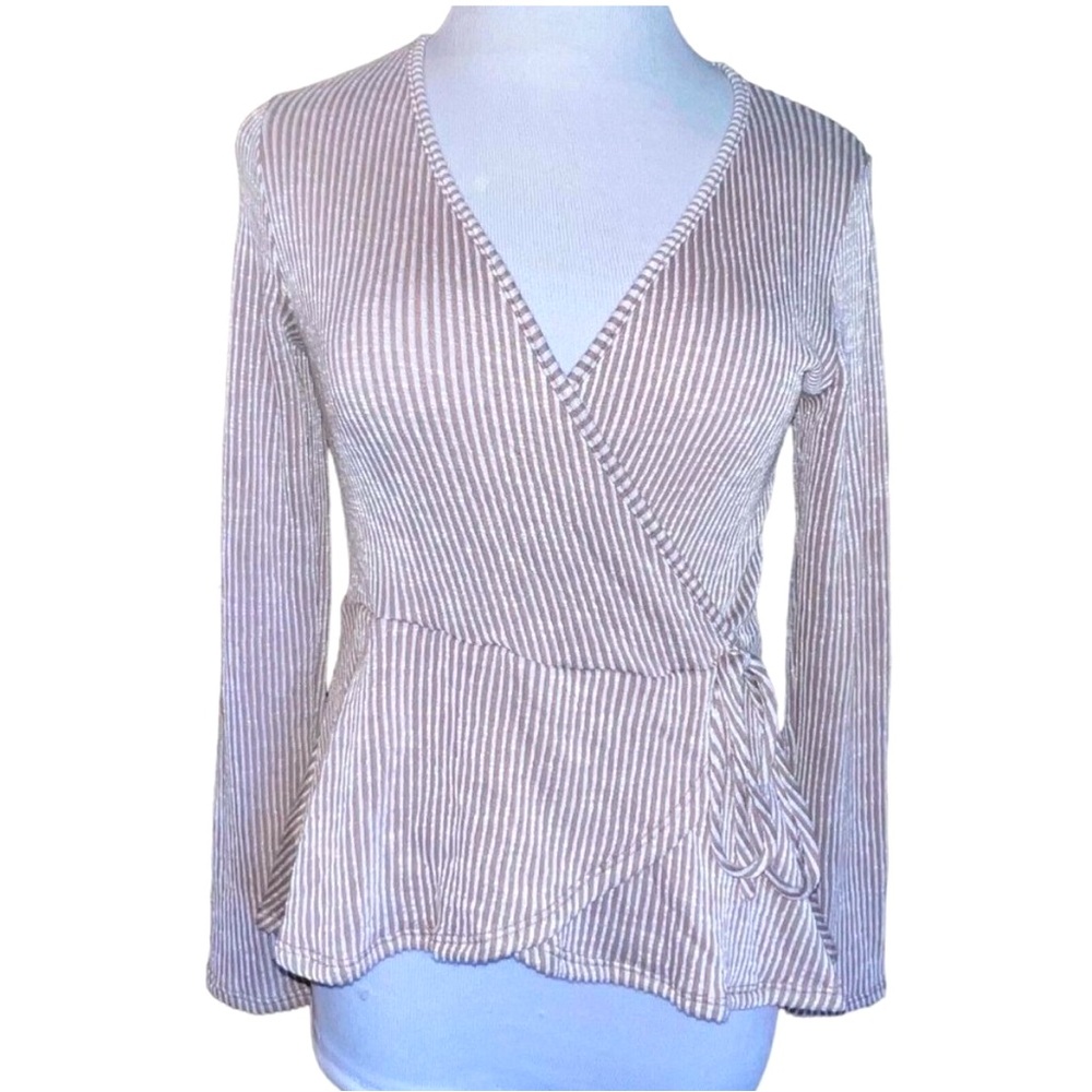 Anthropologie Caution to the Wind 3D Stripes Tan Flowy Peplum Women’s Medium Top